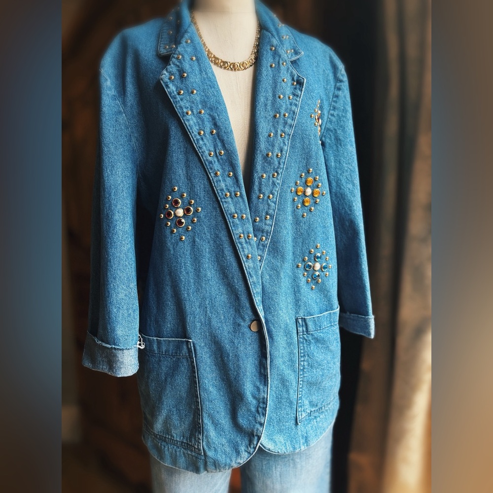Vintage Studded Denim Blazer Jewel Embellished Western Boho Medium